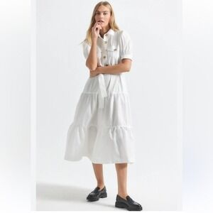 Derek Lam 10 Crosby White Maxi Shirt Dress Gold Button Detail Tiered Casual Chic